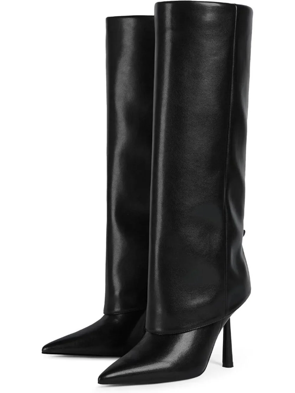 Women's Black Stiletto Heel Pointed Toe Side Zipper Knee High Shark Boots